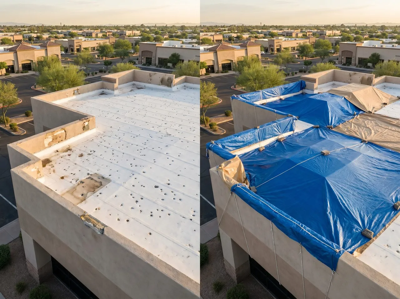 VRZA crew installing emergency tarping on a storm-damaged Arizona commercial roof