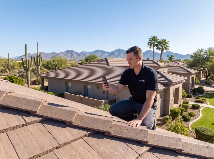 VRZA technician inspecting a residential roof during a maintenance visit